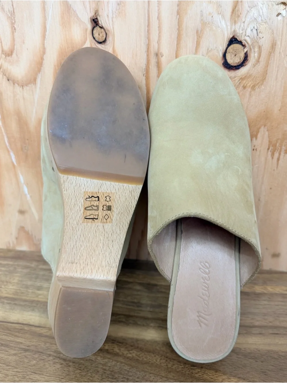 Madewell Nubuck Leather Clog Mules Tan Wooden Heel Size 8.5 - Picture 8 of 9